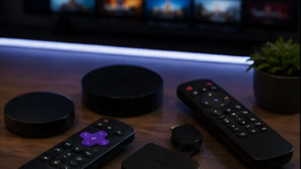 Streaming devices and remotes arranged in front of a TV app screen