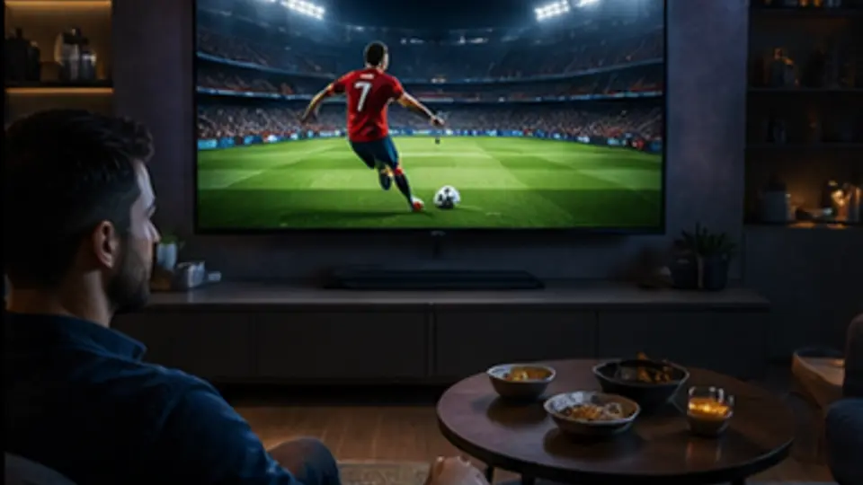 Home TV showing a live football stream in a dark living room
