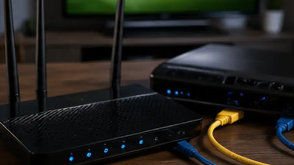 Router and network cables in front of a TV stream