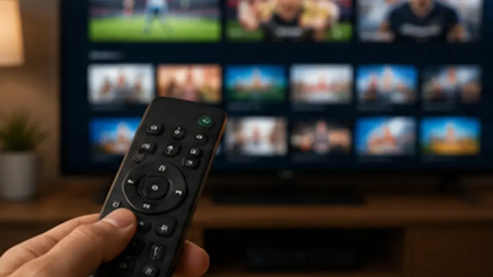 Remote control pointed at a TV with streaming channel tiles