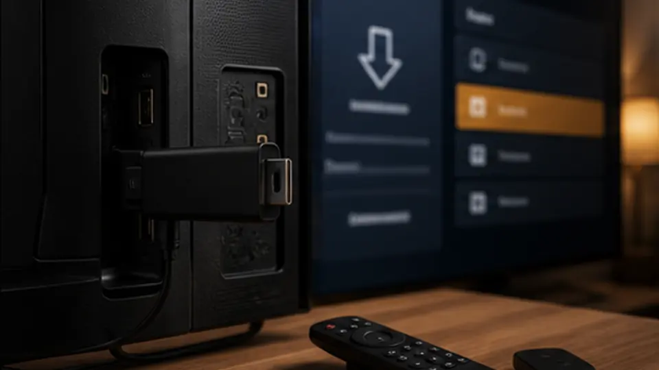 Streaming stick connected behind a TV with a remote on the table during app installation